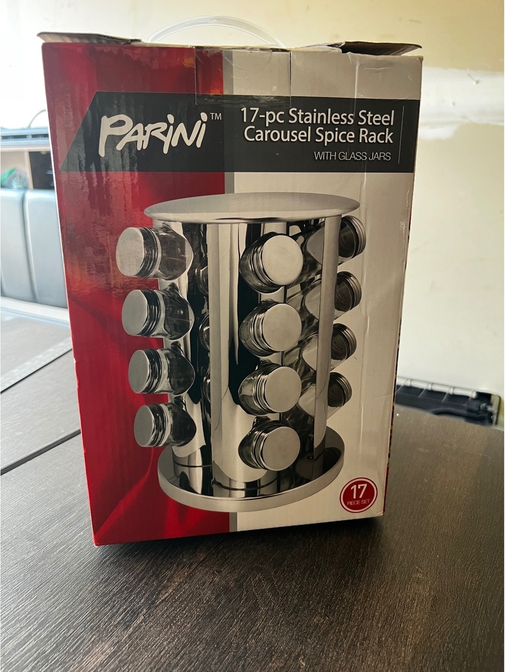 Parini 17-Piece Stainless Steel Revolving Carousel Spice Rack w/ 16 Glass Jars